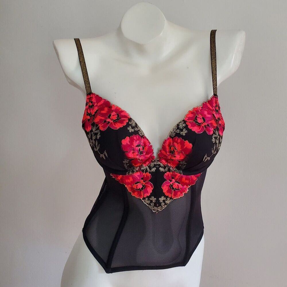 Victoria Secret Bustier‎ Top 34B Black Floral Embroidered Mesh Coquette Feminine
